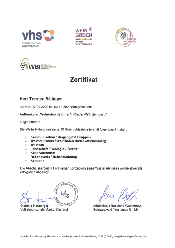 Zertifikat Weinerlebnisführer Baden-Württemberg